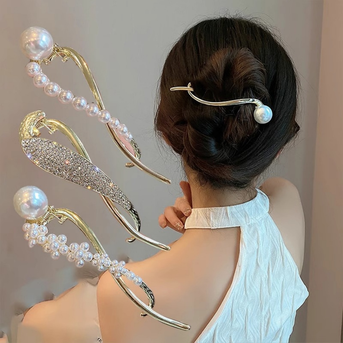 Korean Girls Lifestyle - エレガントなグリッターパールヘアクリップ レディース トレンドツイストヘアクリップ ガールズファッション デイリーライフヘアアクセサリー ジュエリーヘアピン