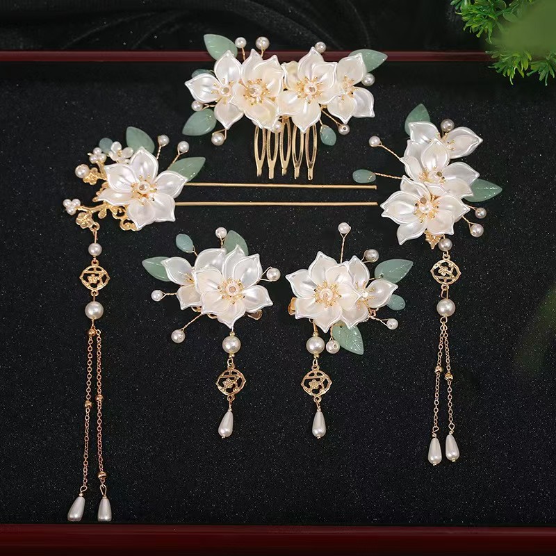Hanbok Hair Pin - ティーフラワー漢服古代風ヘアアクセサリーセット、タッセルヘアピン、梅の花の櫛、ステップロックエッジクリップ付き、女の子用