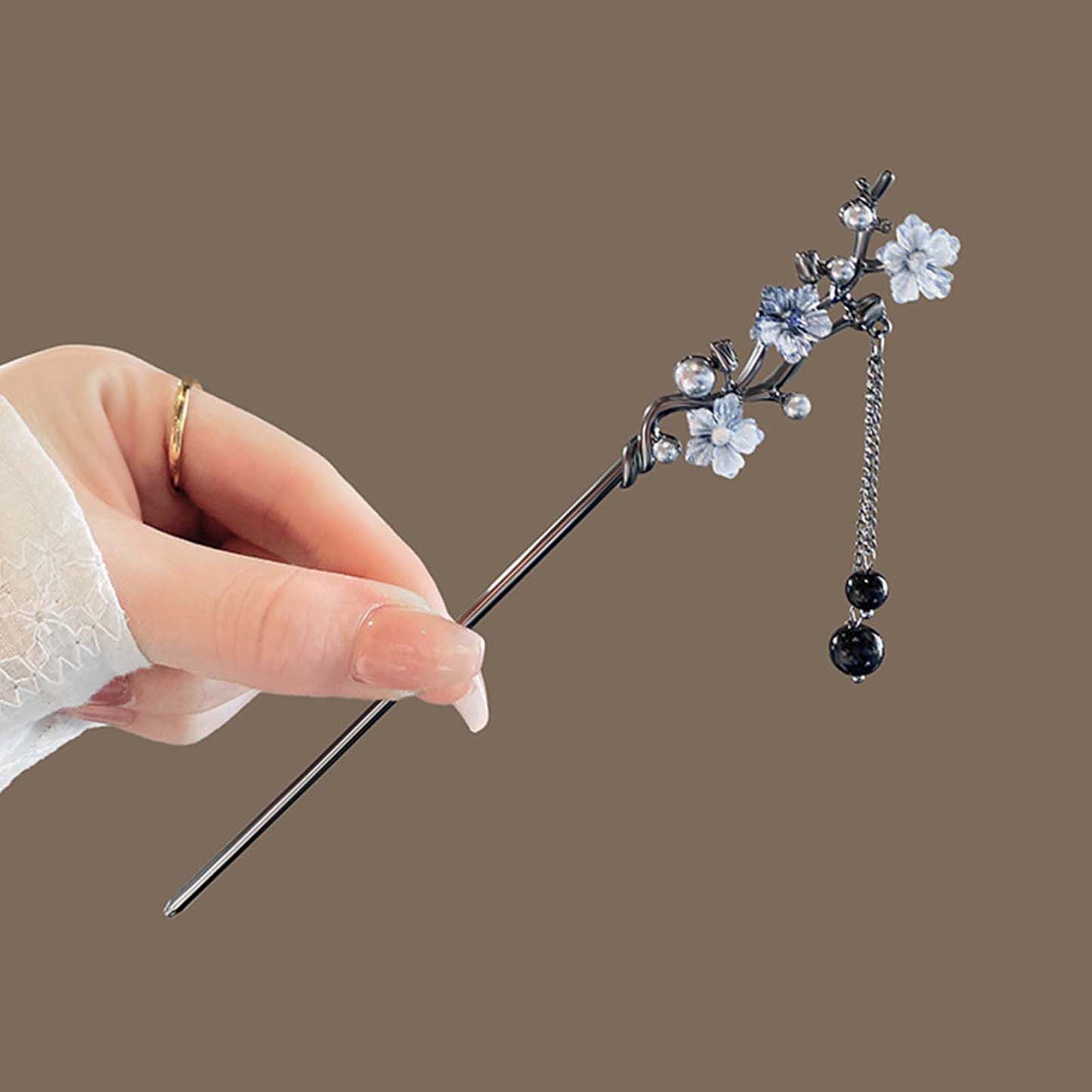 Hanbok Hair Pin - 中国風のヘアスティック黒金属ヘアピンクラシックフラワーフリンジステップシェイクヴィンテージ漢服チャイナドレス装飾ヘアバンジュエリー