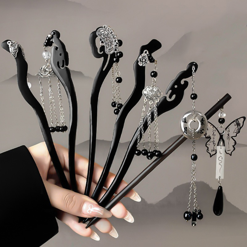 Hanbok Hair Pin - 1pc 中国古代スタイル水墨画木製ヘアピンハイエンドタッセル便利な高速ヘアピンアレンジメント韓服袍帽子