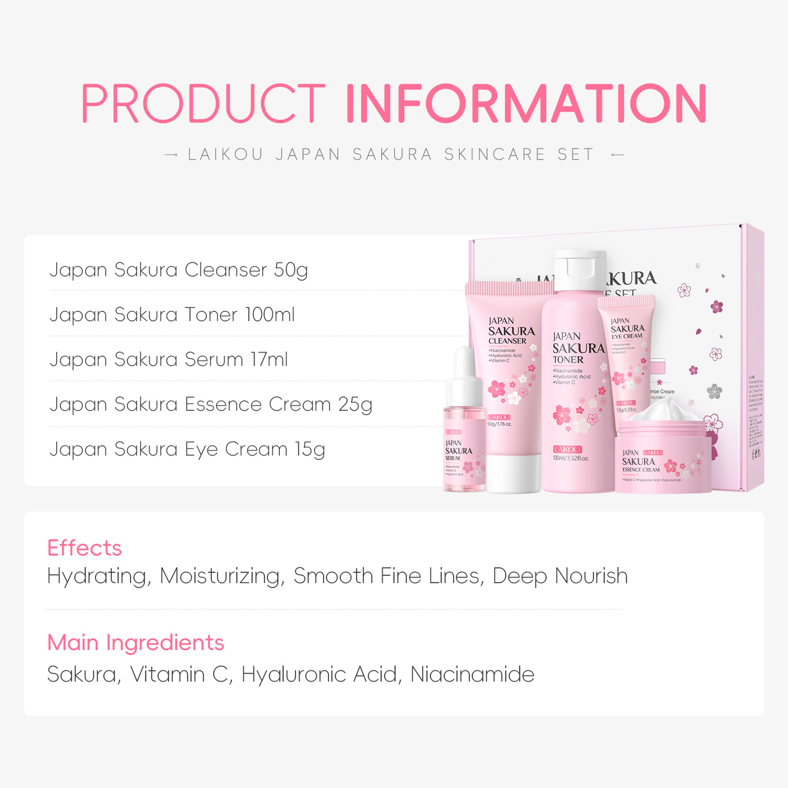 LAIKOU 桜 5点スキンケアキット 洗顔料 化粧水 美容 - Korean Skincare Routine のレビューと価格