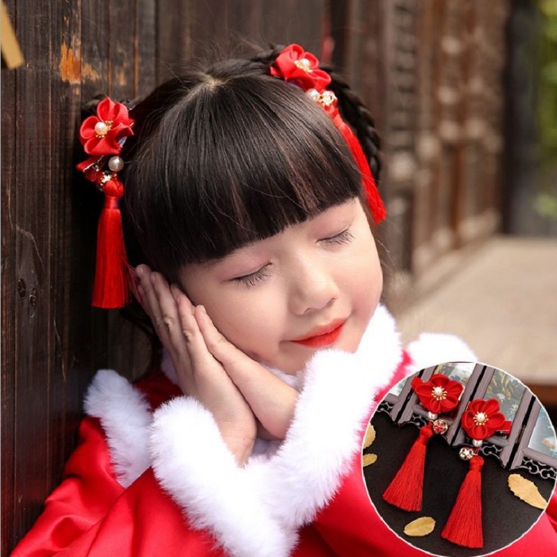 1 ペア中国韓服ヘアアクセサリー赤ピンクの花のヘアピンヴィン - Hanbok Hair Pin のレビューと価格