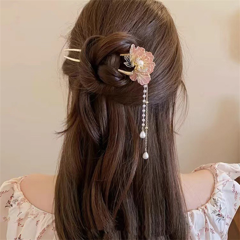 タッセル漢服ヘア箸ヘッドピース U 字型パールフラワーヘアフ - Hanbok Hair Pin のレビューと価格