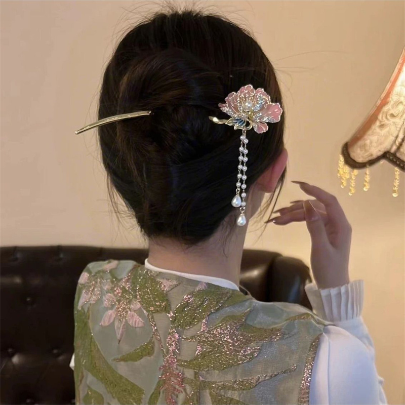 タッセル漢服ヘア箸ヘッドピース U 字型パールフラワーヘアフ - Hanbok Hair Pin のレビューと価格