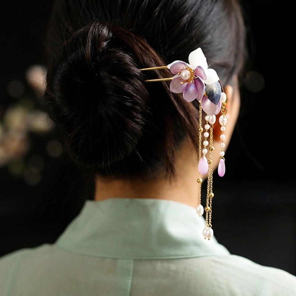 合金 U 字型ヘアピン、蘭の花の装飾付き、滑らかな手磨きアッ - Hanbok Hair Pin のレビューと価格