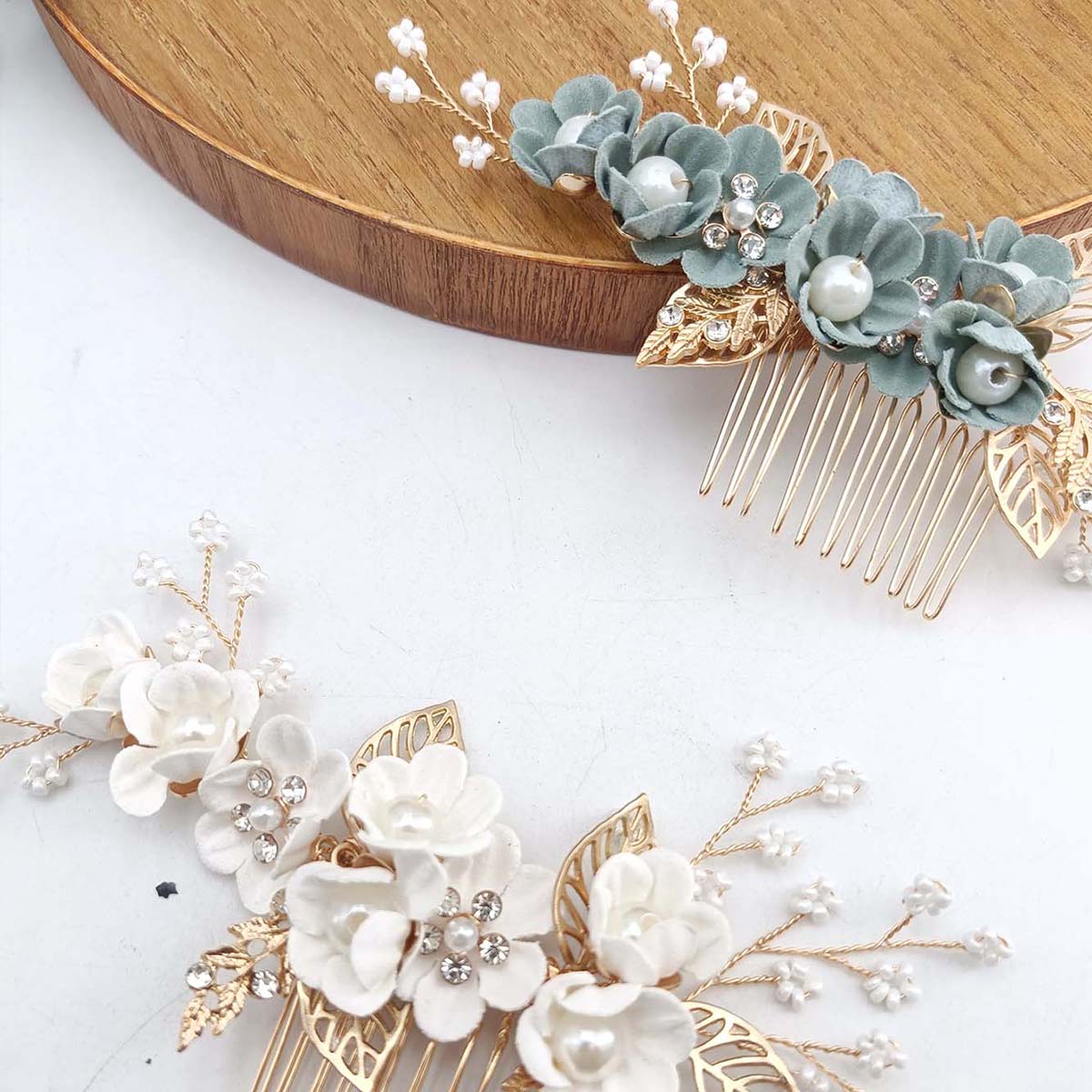 クリスタルパールヘアコームクリップピン合金リーフヘアコーム手 - Hanbok Hair Pin のレビューと価格