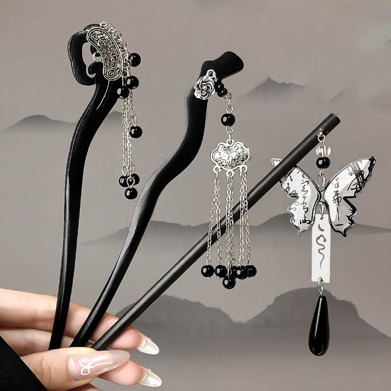 1pc 中国古代スタイル水墨画木製ヘアピンハイエンドタッセル - Hanbok Hair Pin のレビューと価格